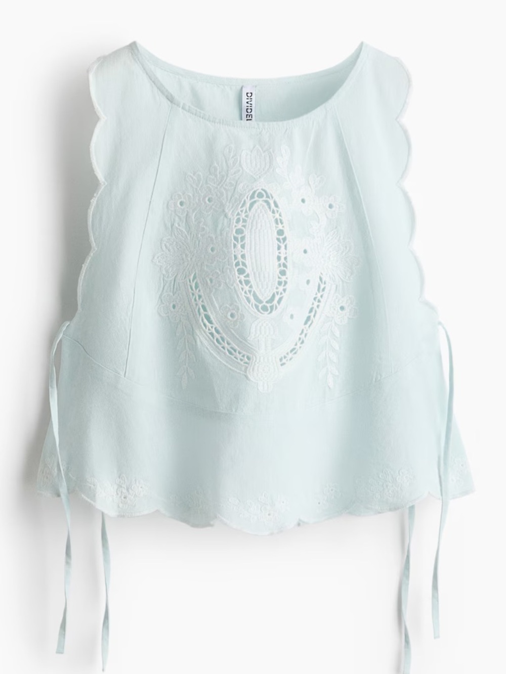 H&M Pale Mint Blue Scallop-Edge Embroidered Top